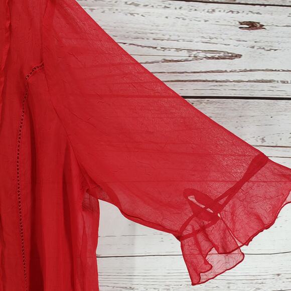 Maggie Barnes Red Sheer Ruffle Sleeve Pleated Light Textured Top Size 2X - Picture 7 of 13